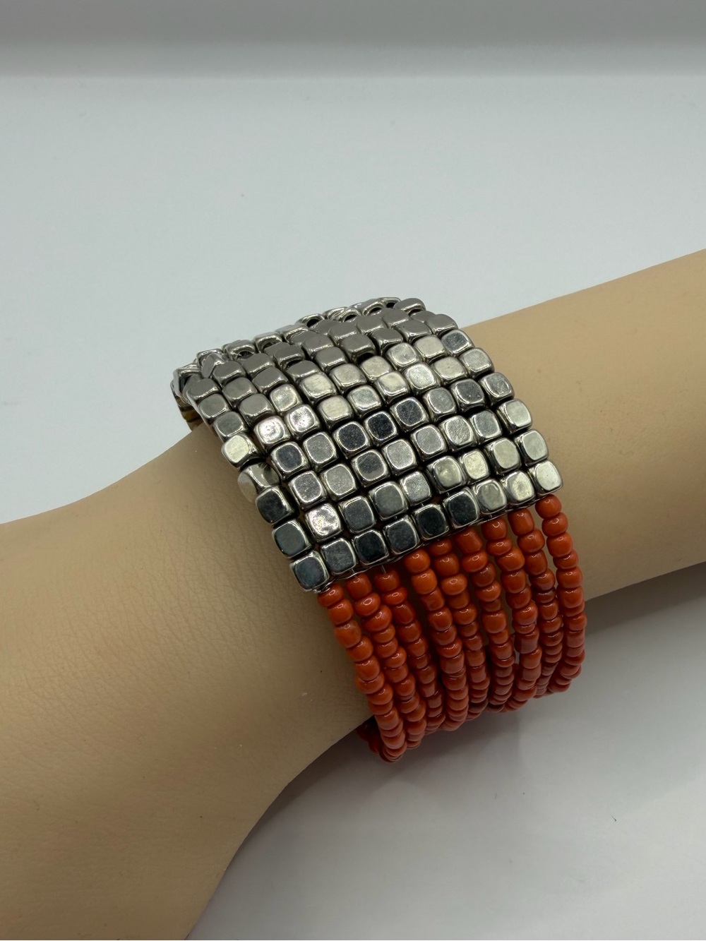 Coral Seed Bead Cuff Bracelet | Orange Multi-Strand Silver Cube - Picture 6 of 10